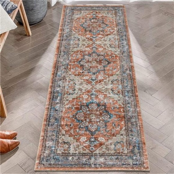 Boho Non Slip Hallway Runner Rug Faux Wool Soft Fuzzy Washable Low-Pile Carpet - Picture 4 of 9